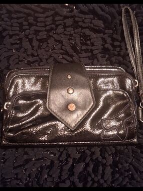 Fox Black Patent Wristlet Clutch with Stud Detail